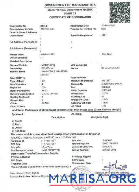 Blank India vehicle registration certificate version 2 download for verification